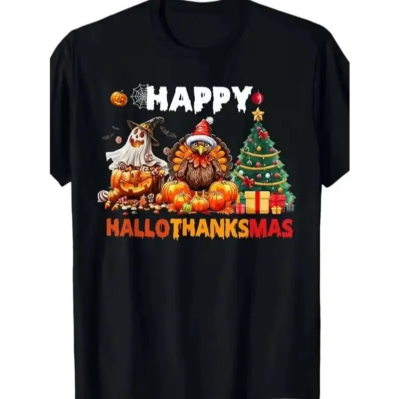 Men'S & Women'S Funny Hallothanksmas T-Shirt - Family Matching Holiday Shirt for Christmas, Halloween & Thanksgiving Parties - Short Sleeve Tee with Spooky Turkey Design - Regular Fit Casual, Funny Christmas Shirts, Mens Graphic T-Shirts