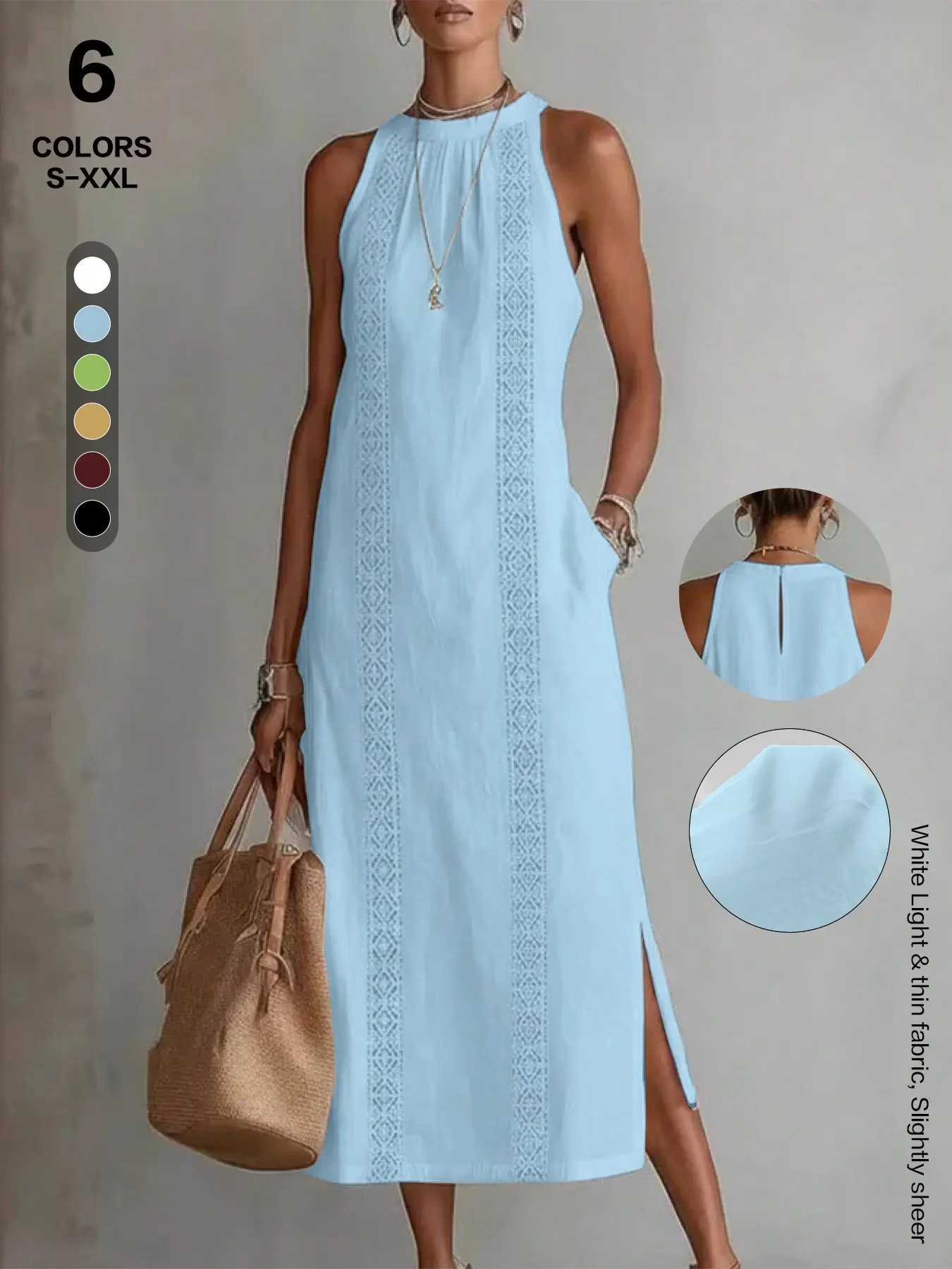 Summer Sleeveless Halter Midi Dress, Lace Panel Side Slit, Pocket, Loose Fit, Boho Style, Bohemian, Chic, Tall Friendly, Casual Dress for Women
