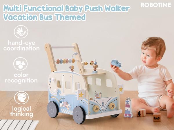ROBUD Wooden Baby Walker, Baby Push Walker, Baby Activity Center Toys, Ajustable Speed Multi-Functional Baby Walker with Wheels for Boys and Girls