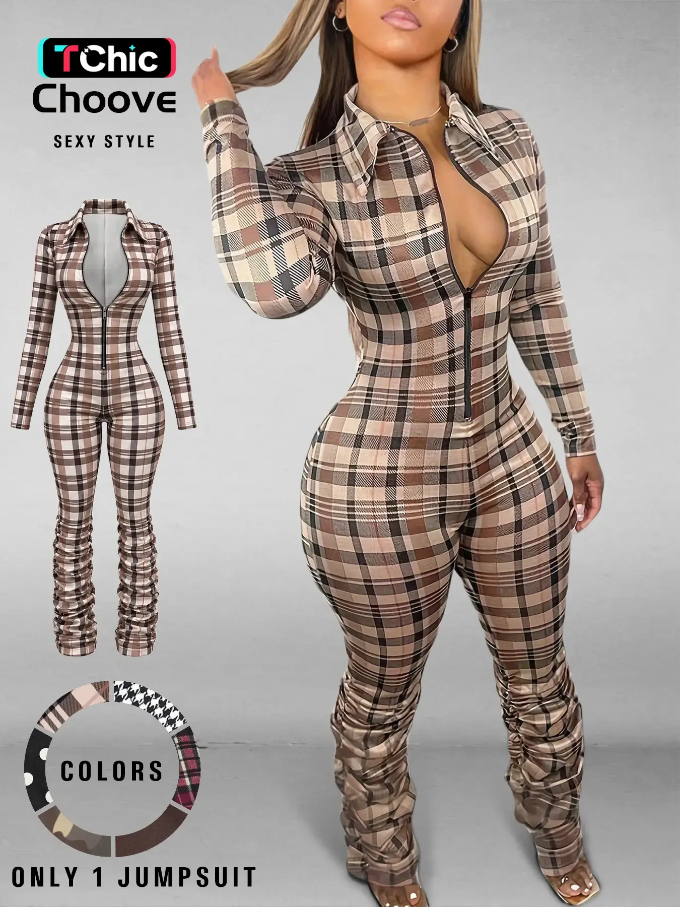 Women's Sexy Plaid Plain Print Bodycon Jumpsuit, Zipper Front, Leg Wrinkles Design, Tight-Fitting Long Sleeve Romper for Fall & Winter   Inwear