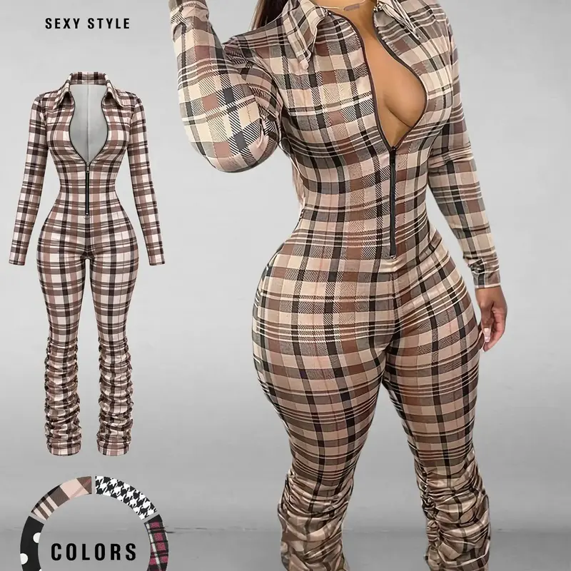 Women's Sexy Plaid Plain Print Bodycon Jumpsuit, Zipper Front, Leg Wrinkles Design, Tight-Fitting Long Sleeve Romper for Fall & Winter Inwear