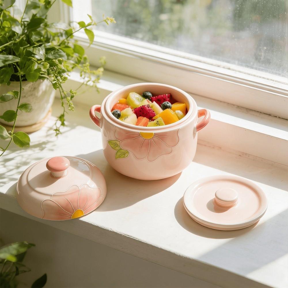 Cherry Blossom Pattern Ceramic Covered Steamer Pot, Food Steamer, 600ML Capacity, Elegant Dual Lid Soup Bowl, Ideal Gift for Kitchen and Restaurants