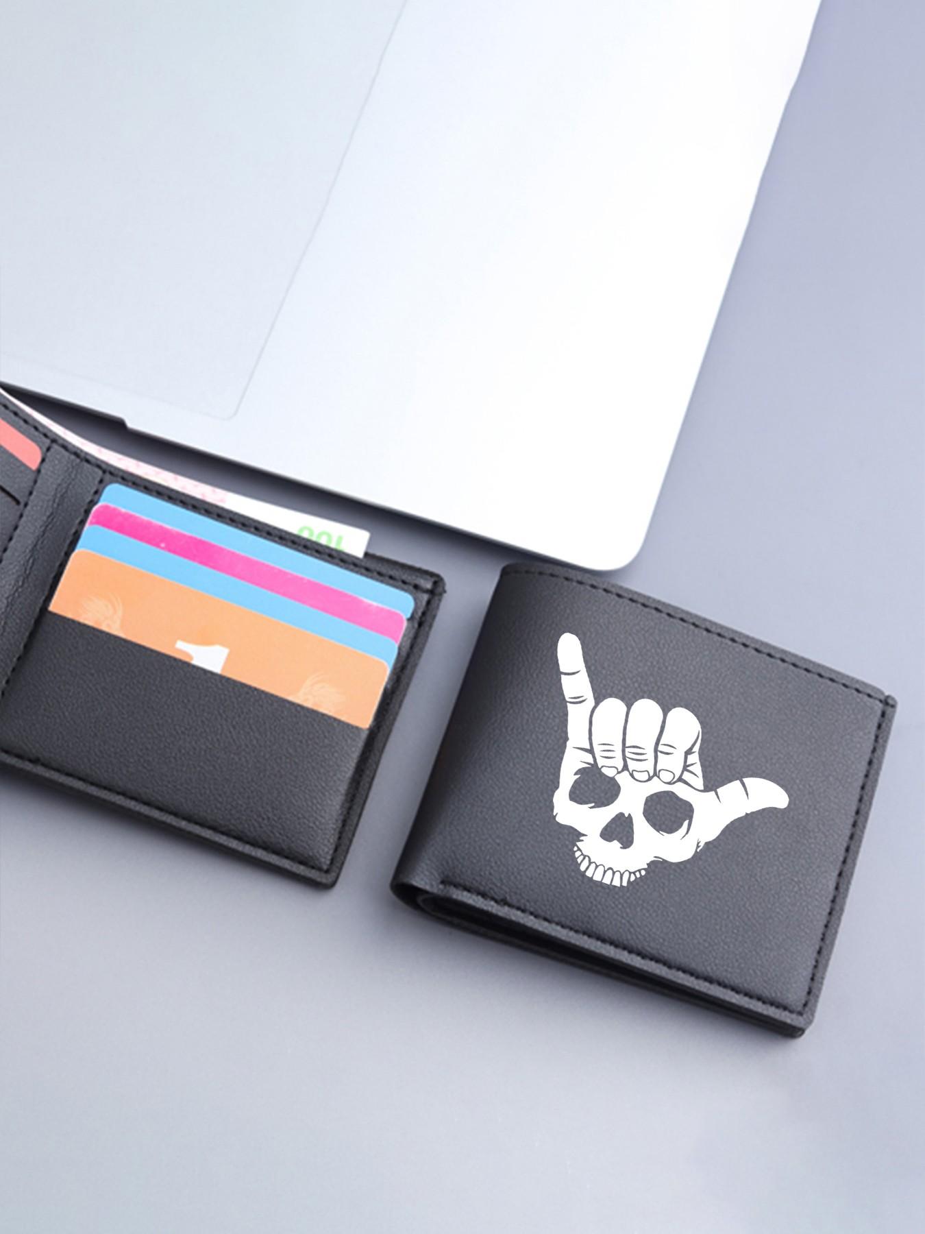 Unisex Skull Shaka Hand Print Bifold Wallet, PU Leather Multiple Card Slots Purse, Casual Everyday Carry Wallet for Men Women, Ideal Gift for Surfers  Trendsetters