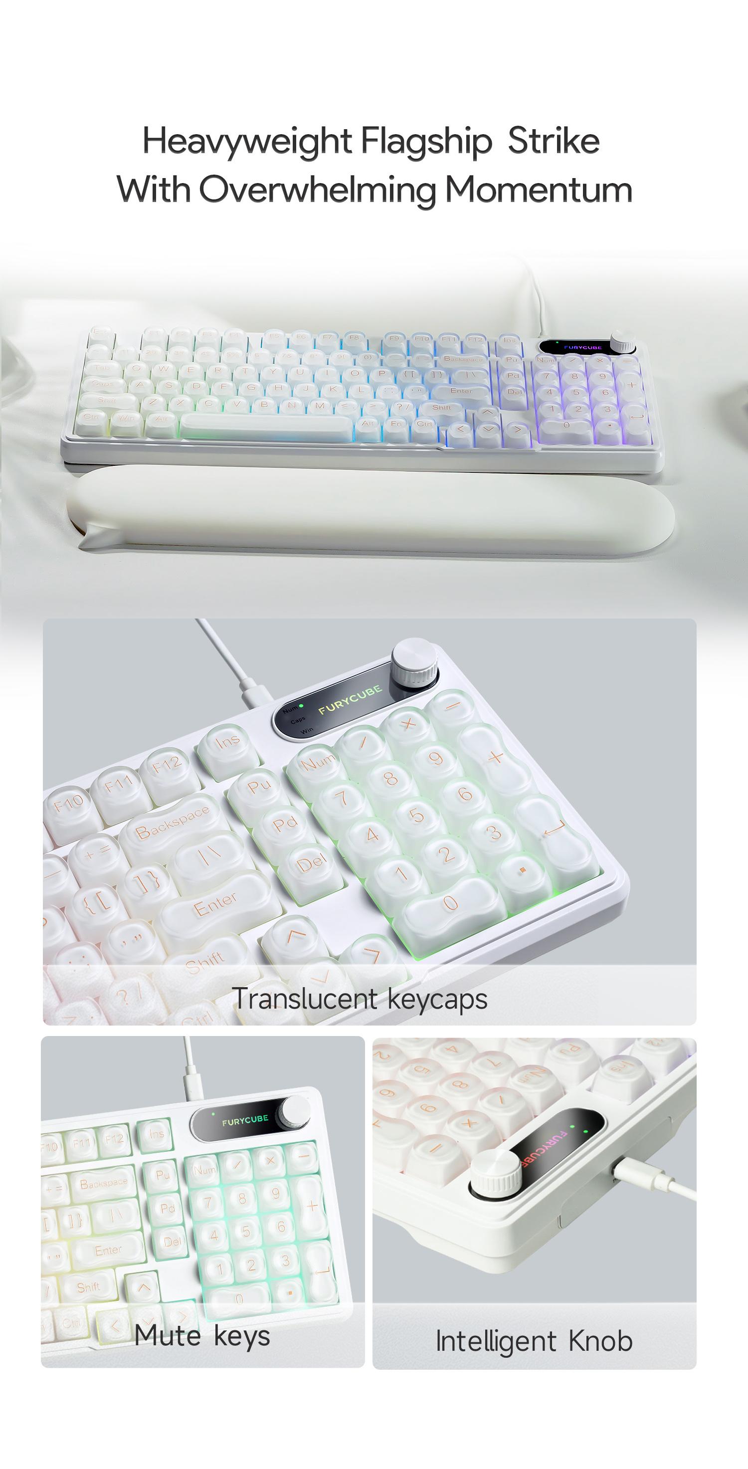 FURYCUBE IP98 Wired | Wireless Keyboard Gradient PBT Keycaps Side-Engraved Backlit Letters Smart Knob Gasket Structure Waterproof RGB Lighting Durable Double-Shot Keycaps Anti-Oil Matte Texture Membrane Keyboard Office Silent