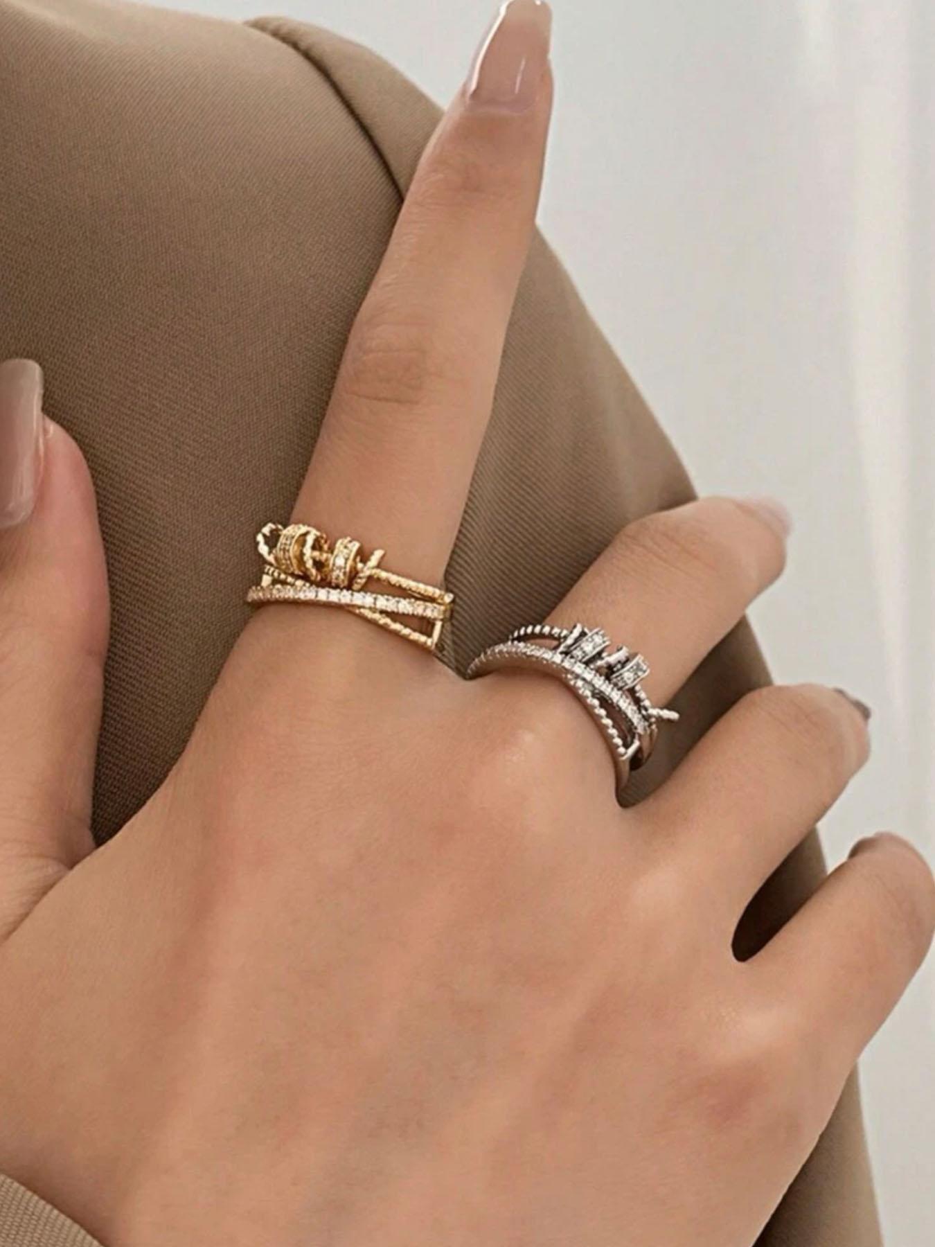 Multi-layer Rotating Cross Design Ring, Rhinestone Inlay Adjustable Anxiety Relief Fidget Spinner Ring, Fashion Jewelry Accessories for Women