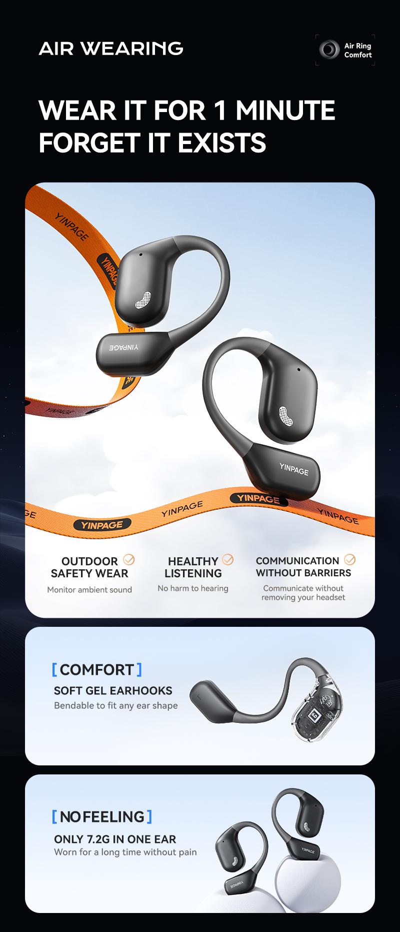 YINPAGE Open Air Mic Headset IPX5 Waterproof Sport Headphone with Charging Case for Outdoor Activities Wireless Sport Earbuds 88dB Audio Chargeable Electronic Black