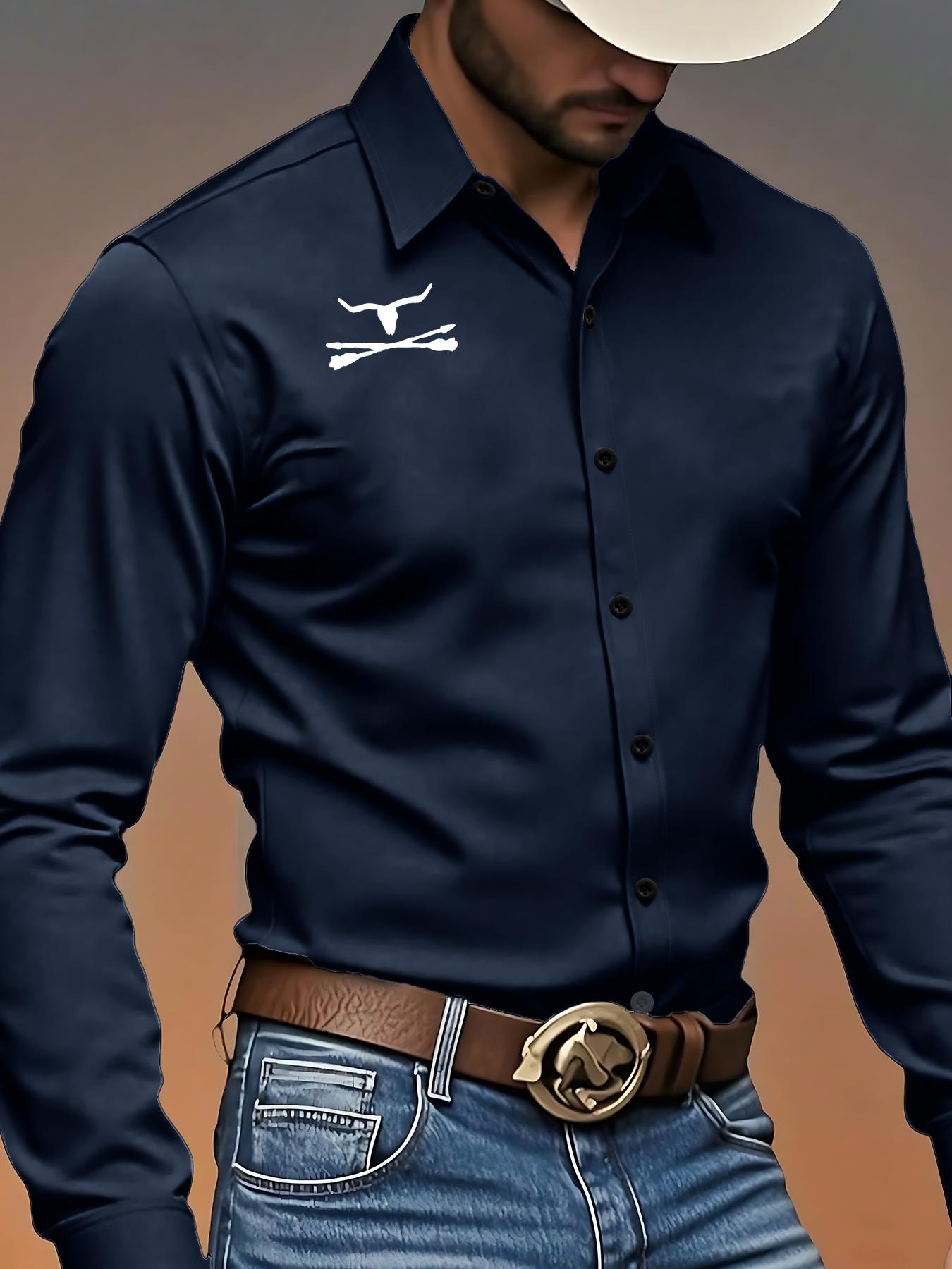 Men's Autumn Casual Long Sleeve Fitted Shirt, Trendy Denim Print Design, Modern Style, Fashionable & Versatile, Comfortable Fit