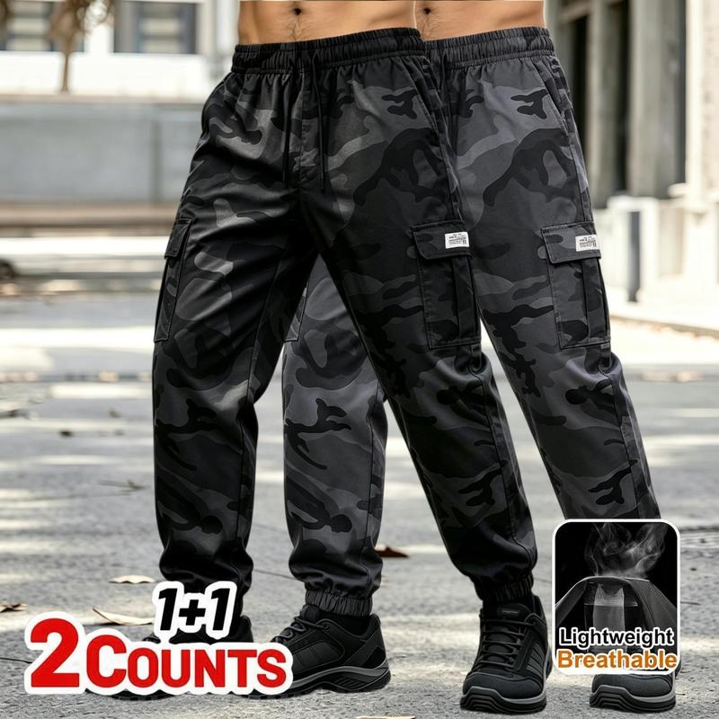 2 Pack Men Camo Work Cargo Pants, Thin Lightweight Breathable Fabric, Adjustable Draw Cord Waist, Multi Flap Storage Pockets, Loose Cut, Versatile Outdoor Trousers for Hiking, Travel & Daily Casual Outfits