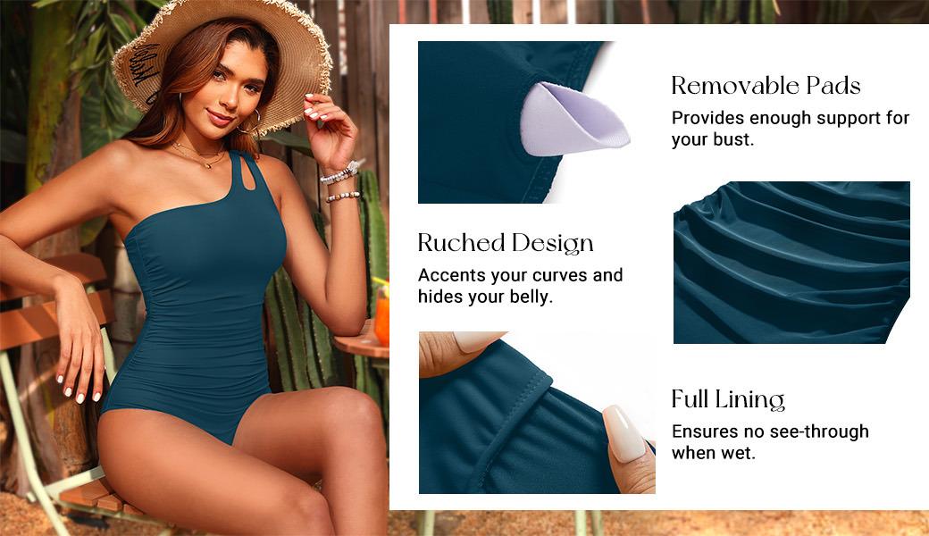 Holipick One Shoulder One Piece Swimsuit for Women Comfortable Tummy Control Bathing Suits Modest Full Coverage Keyhole Swimwear Beach Swimming Clothing