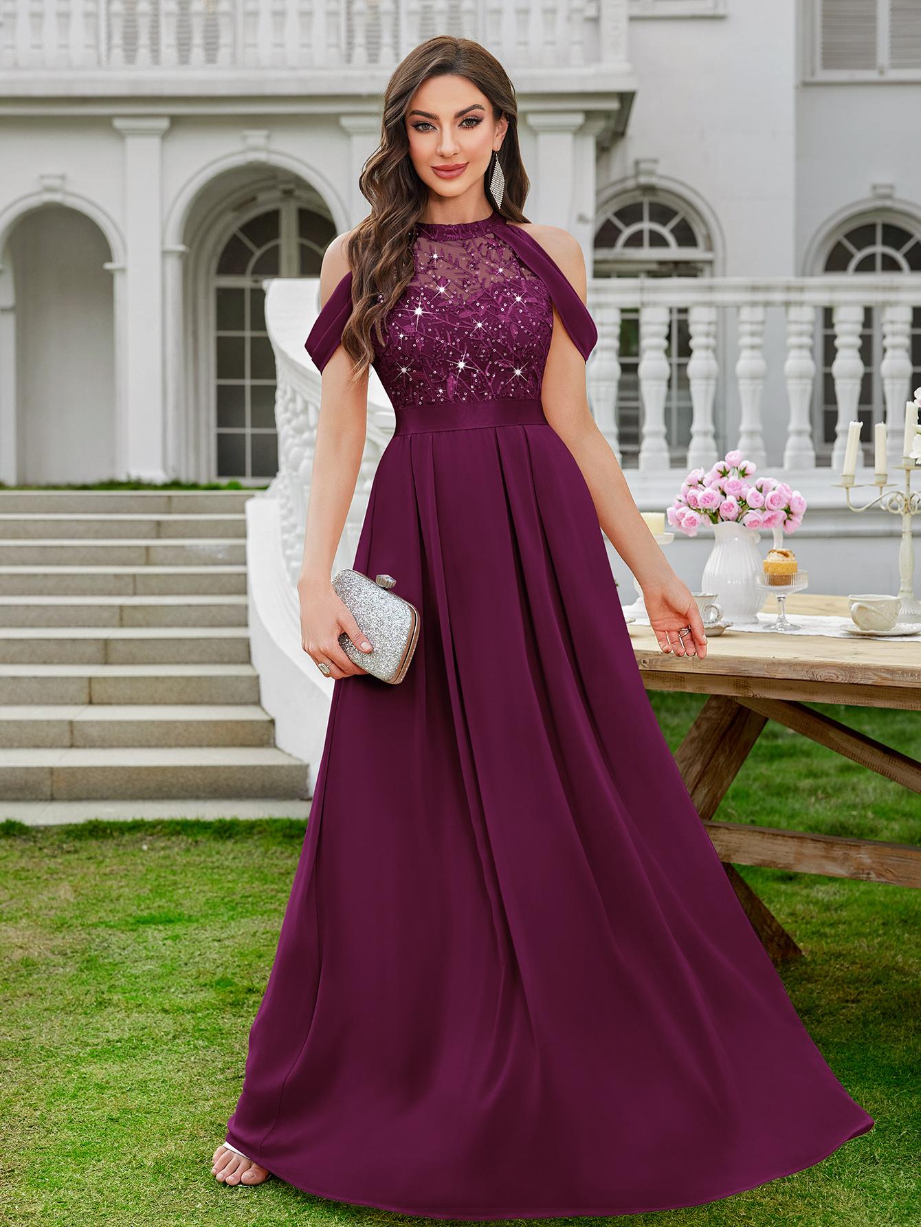 MIUSOL 24413A Women's Elegant Halter Sequin Embroidered Lace Off Shoulder Chiffon Sleeve Formal Evening Party Maxi Dress for Cocktail and Prom Events