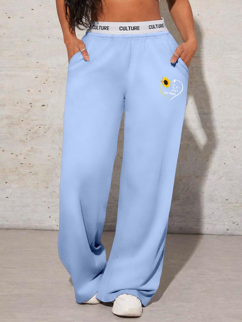 Women's Floral & Letter Print Pocket Sweatpants, Casual Jogger Pants for Daily Wear, Ladies Bottoms for All Seasons