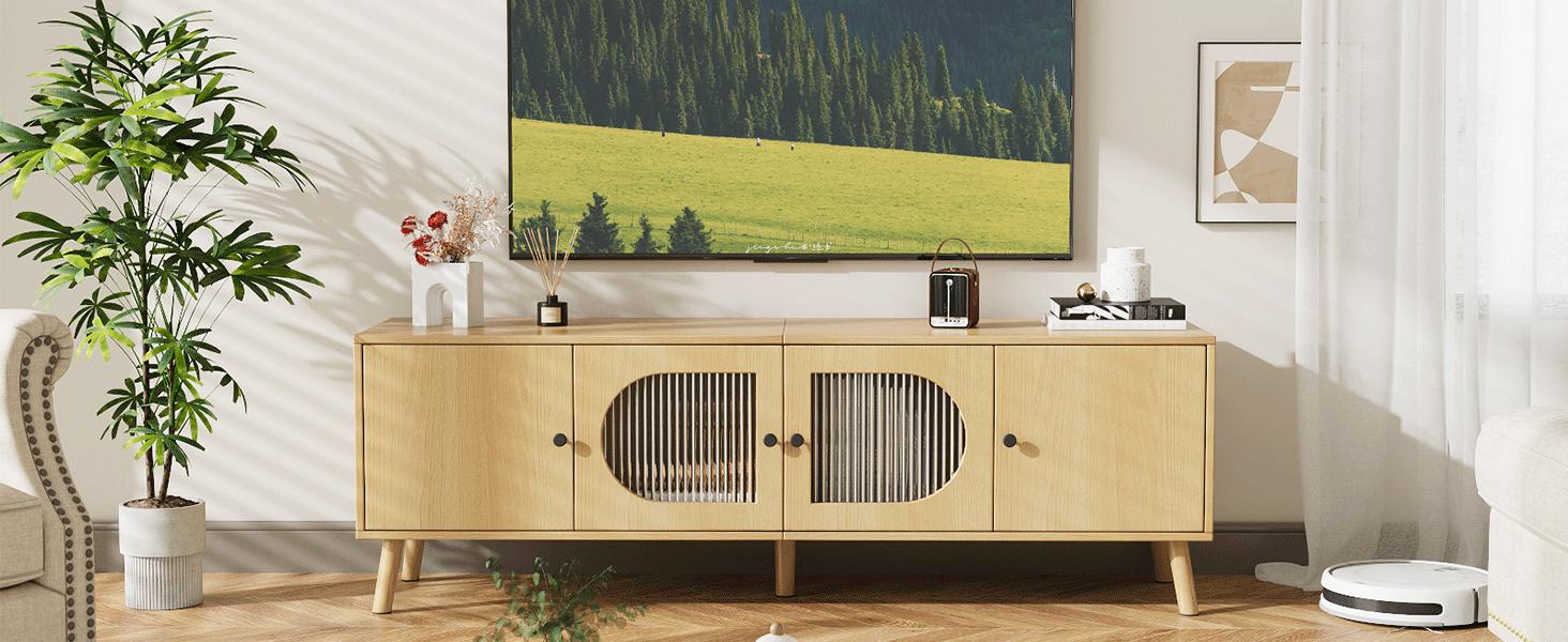 VOWNER TV Stand for 55/60/65 inches TV, Wood Media TV Cabinet with Glass Doors, Entertainment Center with Storage for Living Room, Bedroom, Oak