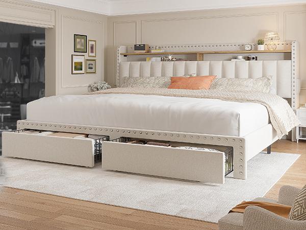 Bed Frame with 2 Storage Drawers, MATTRESS NOT INCLUDED, Bedframe with Headboard and Shelves, Upholstered  Bed Frame for Queen, King, Full, Twin, NO Noise, No Box Spring Needed, Beige, Gray