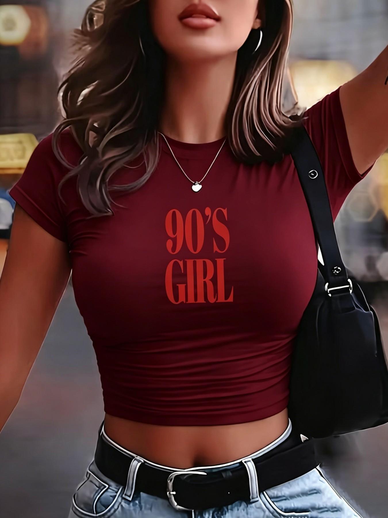 Women's Y2K Letter Print Short Sleeve T-Shirt, Vintage 90s Graphic Tee, Casual Stylish Tee, Casual Fitted Round Neck Summer Top