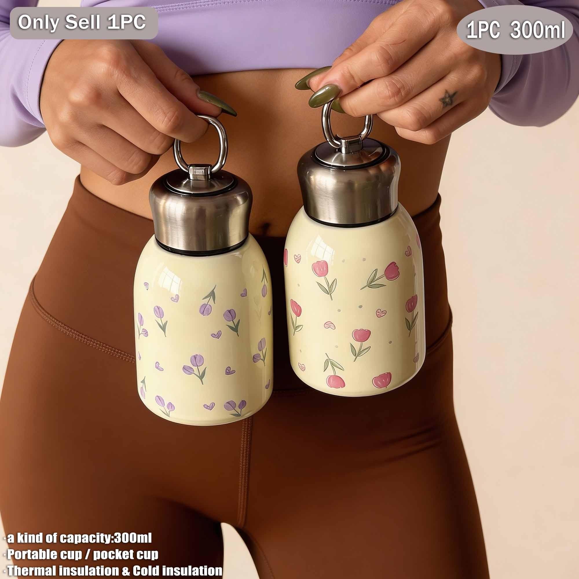 300ML Tulip Theme Dual-Layer Stainless Steel Insulated Cup, Pocket Cup, Travel Mug, Outdoor Water Bottle, Gift for All Occasions