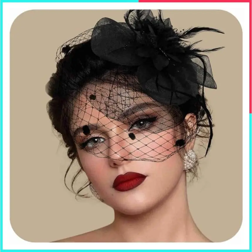 Fascinators Hats for Women Vintage Lace Feather Mesh Headband Tea Party Cocktail Church Wedding Veil Hair Clip