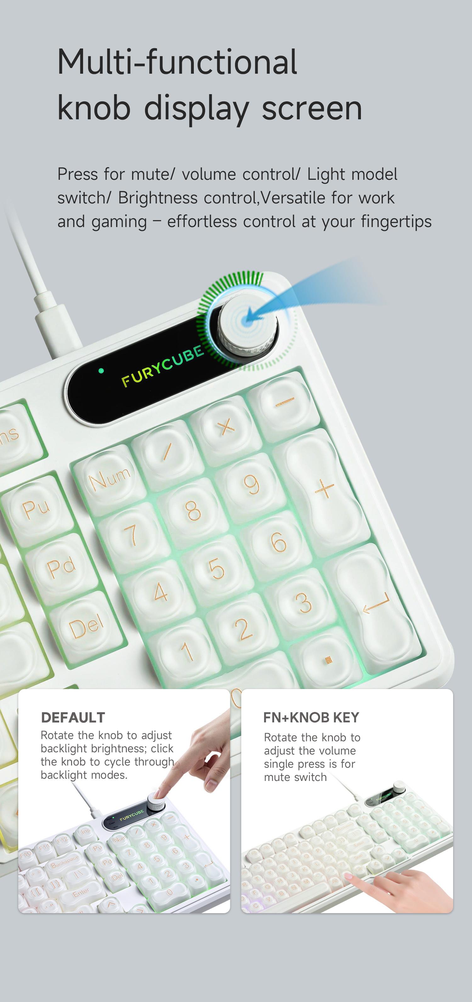 FURYCUBE IP98 Wired | Wireless Keyboard Gradient PBT Keycaps Side-Engraved Backlit Letters Smart Knob Gasket Structure Waterproof RGB Lighting Durable Double-Shot Keycaps Anti-Oil Matte Texture Membrane Keyboard Office Silent