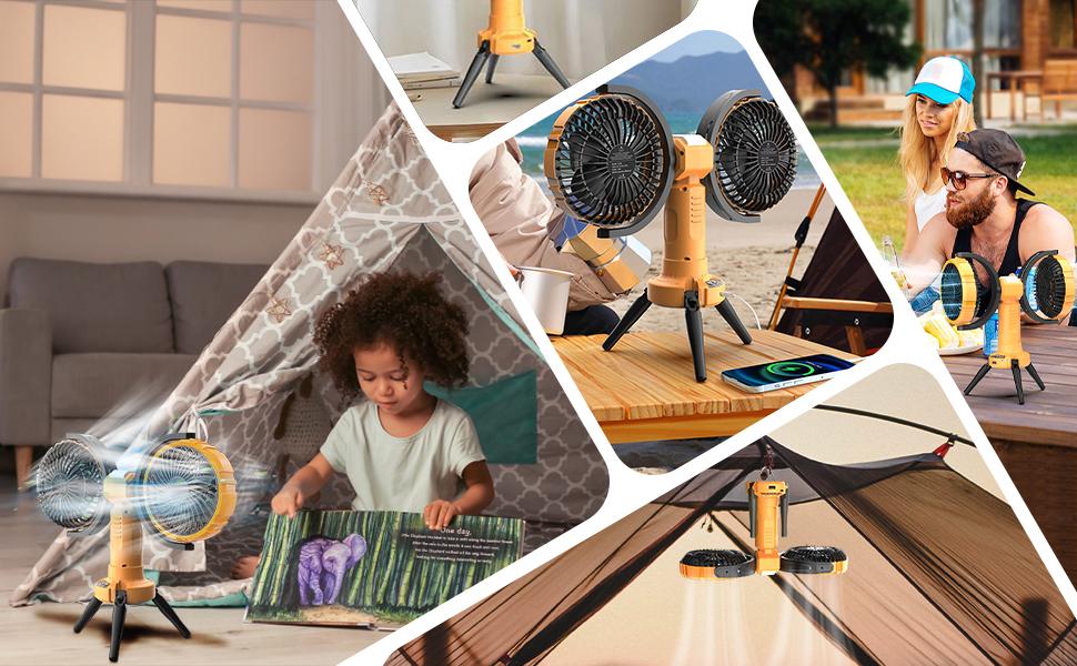 XTAUTO Rechargeable Camping Fan with LED Light, 8000mAh Battery Operated Portable Outdoor Fan, 270° Oscillating 360° Rotation Tent Fan for Beach Travel Fishing Home, Yellow Camping Fans