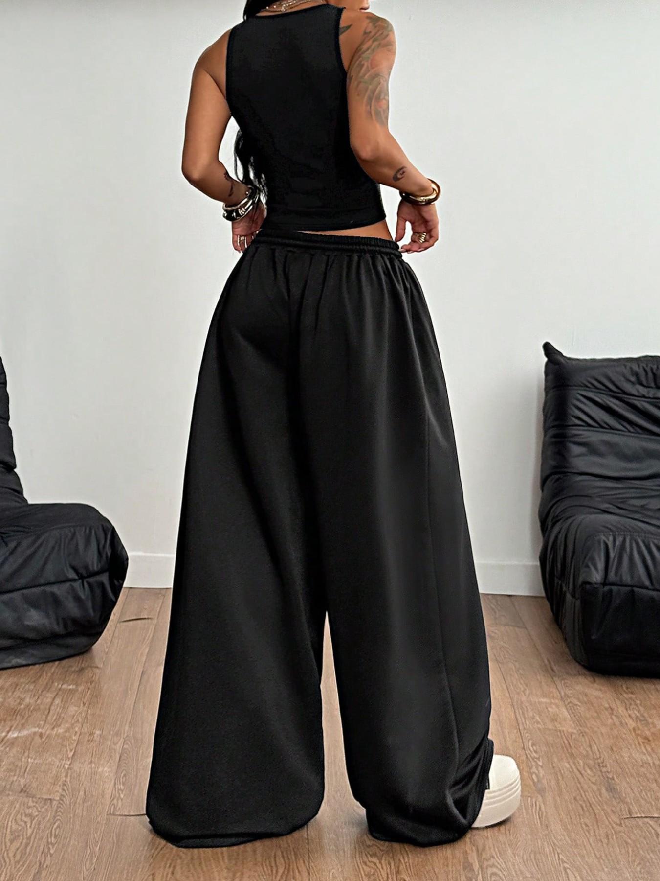 Trendy Black Fitted U-Neck Strap Dress + Draped Wide Leg Floor-Length Pants Streetwear Flirty Girl Style Elastic Waist Comfortable Tall-Look Streetwear Women's Two-Piece Set Outfit