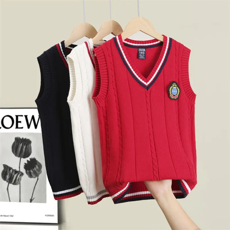 Baby sweater vest, children's school uniform, class uniform, spring and autumn pullover, knitted wool vest for boys and girls