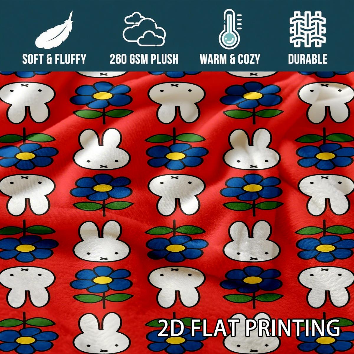 Miffy Rabbit Floral Flannel Cozy Blanket, Soft Lightweight Warm, 100% Fiber, Perfect for Bed Sofa Office Camping Travel Gift