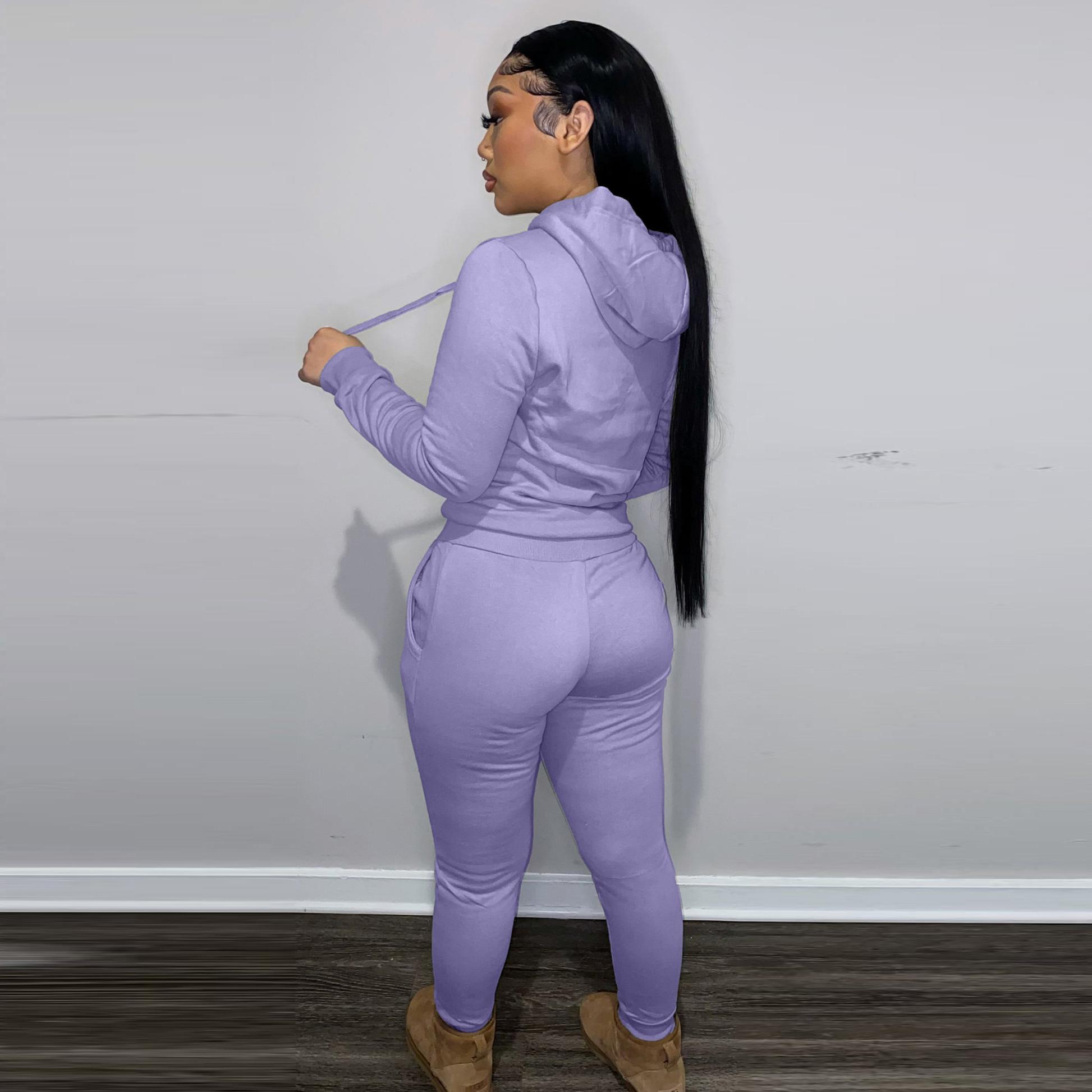 USBoutique Chic Women's Solid Drawstring Hoodie & Pocket Sweatpants Two-piece Set, Casual Long Sleeve Hooded Sweatshirt & Trousers for Fall, Womenswear Fall Clothes for Daily Wear, Downtown Girl Clothes, Girl with Blue Pants 2-piece woman