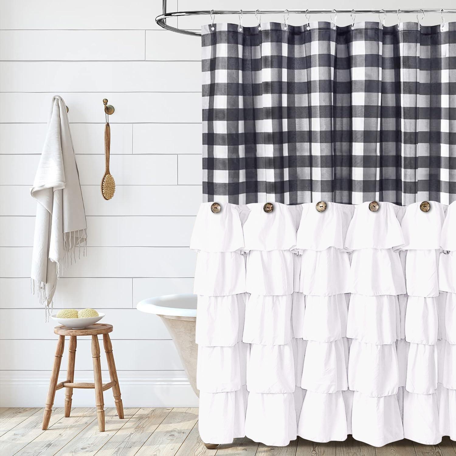Ruffled Shower Curtain, 1 Count Plaid Pattern Bath Curtain with Button Accent, Lightweight Quick-dry Polyester Curtain for Bathroom Decor, Bathroom Decoration Accessories