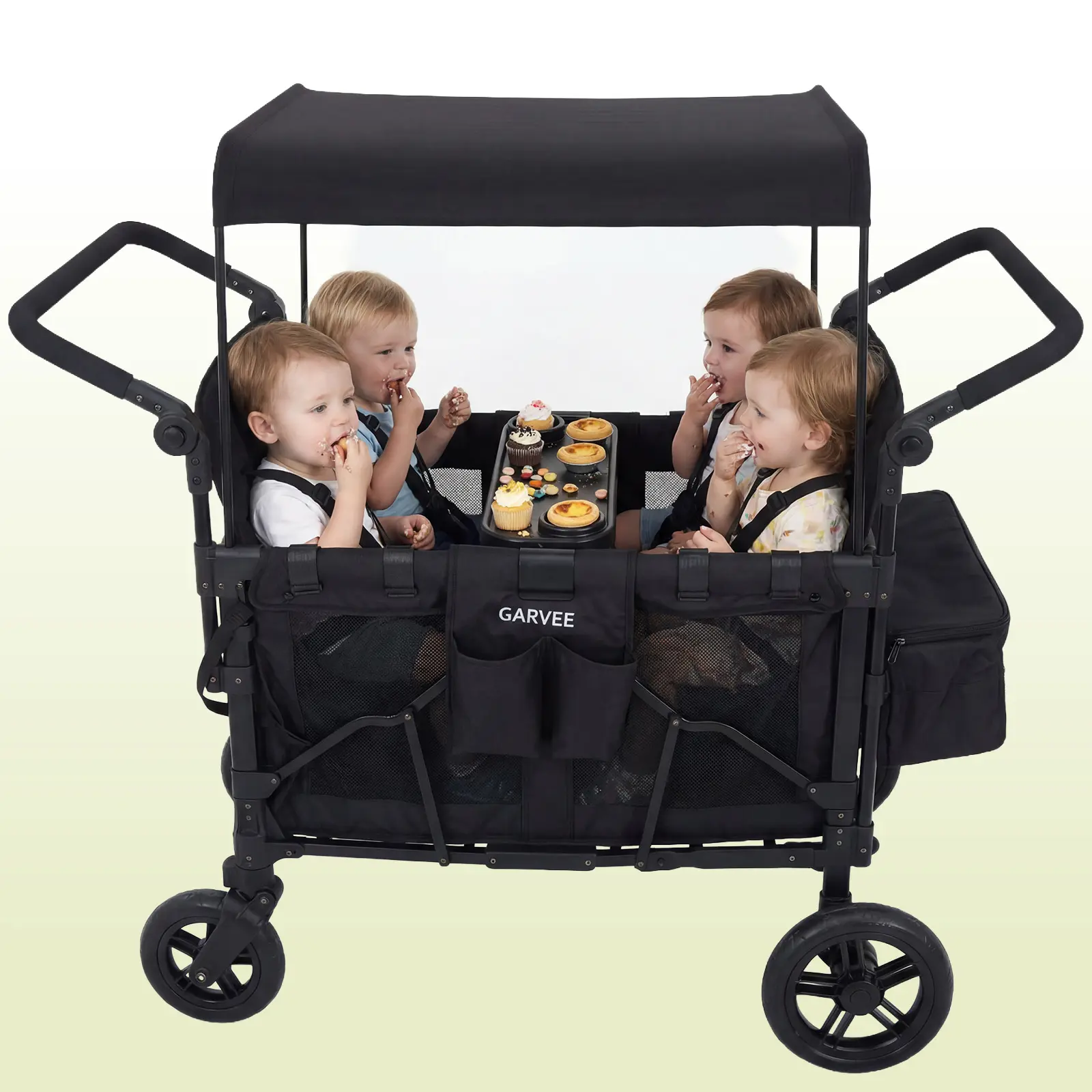 L. 4-Seater All-Terrain Folding Wagon Stroller for Kids – Removable Canopy, Snack Tray, 5-Point Harness, Adjustable Handle, Swivel & Fixed Wheels, One-Step Brake – Oxford 600D Fabric, Black