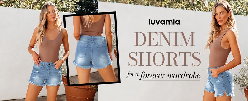 Luvamia Women's High Waisted Denim Shorts Frayed Raw Hem Ripped Jeans Shorts Fit Bottoms Casual Summer Outfits