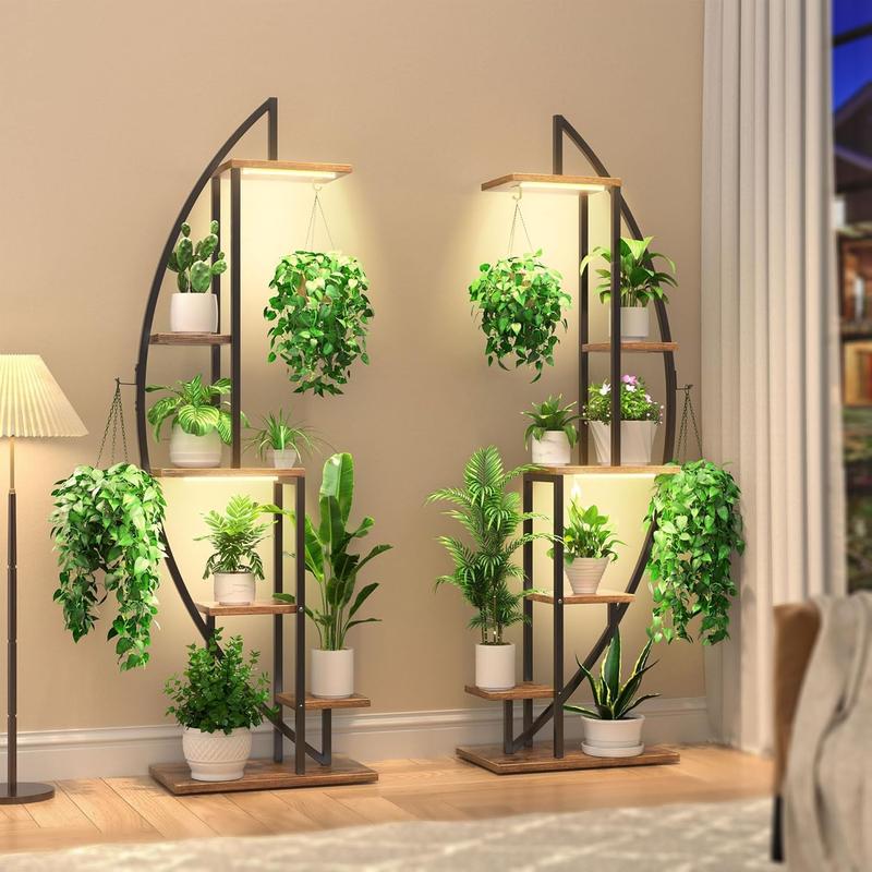 POZILAN Plant Stand Indoor with Grow Lights, 6 Tiered Tall Plant Shelf, 63" Metal Plant Stand for Indoor Plants Multiple, Half-Moon Plant Rack Display Shelf, 2 Pcs Plant Holder for Living Room, Patio   Flower Artistic Decorative Home