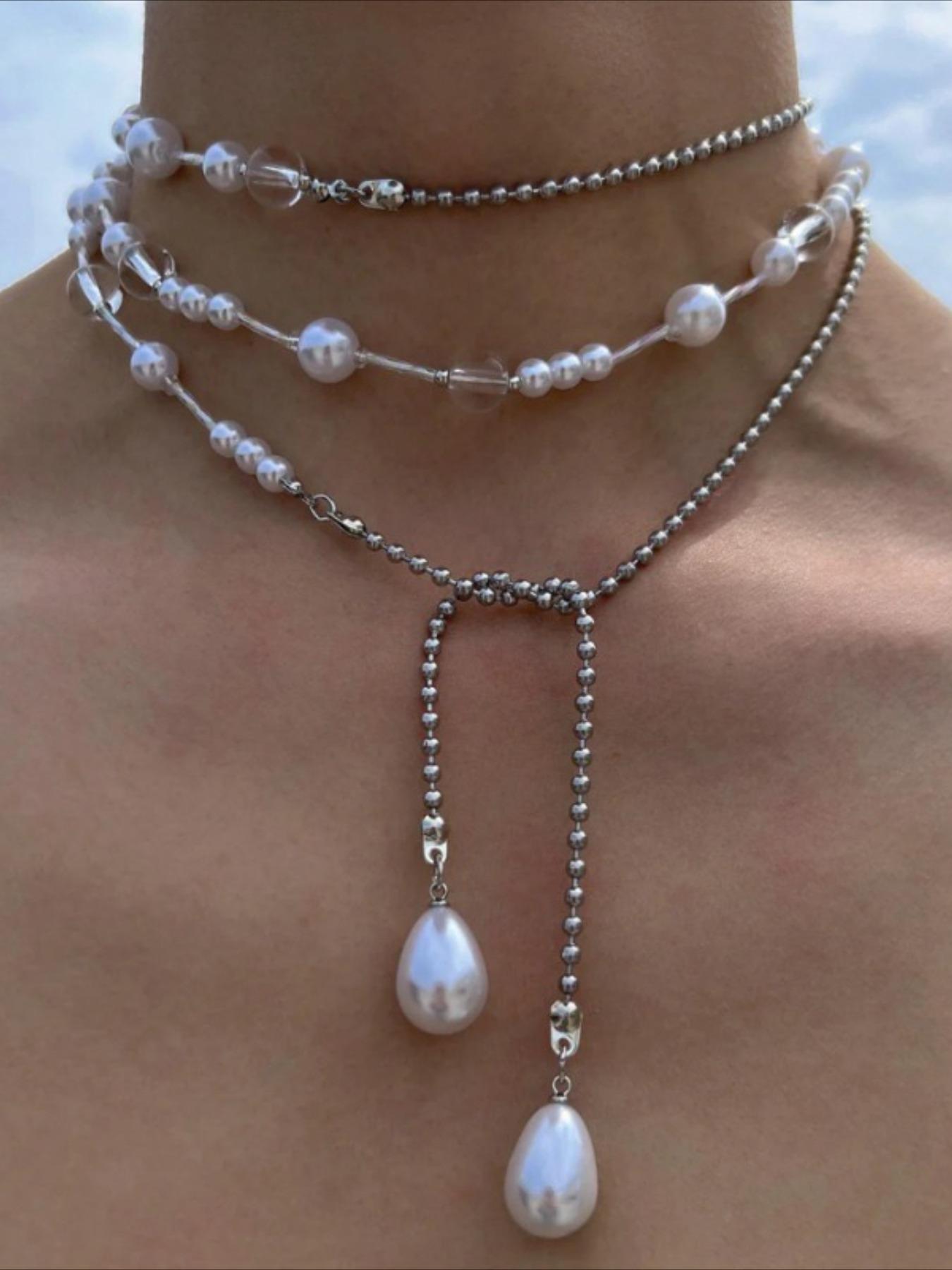 Vintage Imitation Pearl Long Necklace for Women, Versatile Wearable Jewelry, Simple Handmade Beaded Party Holiday Elegant Necklace