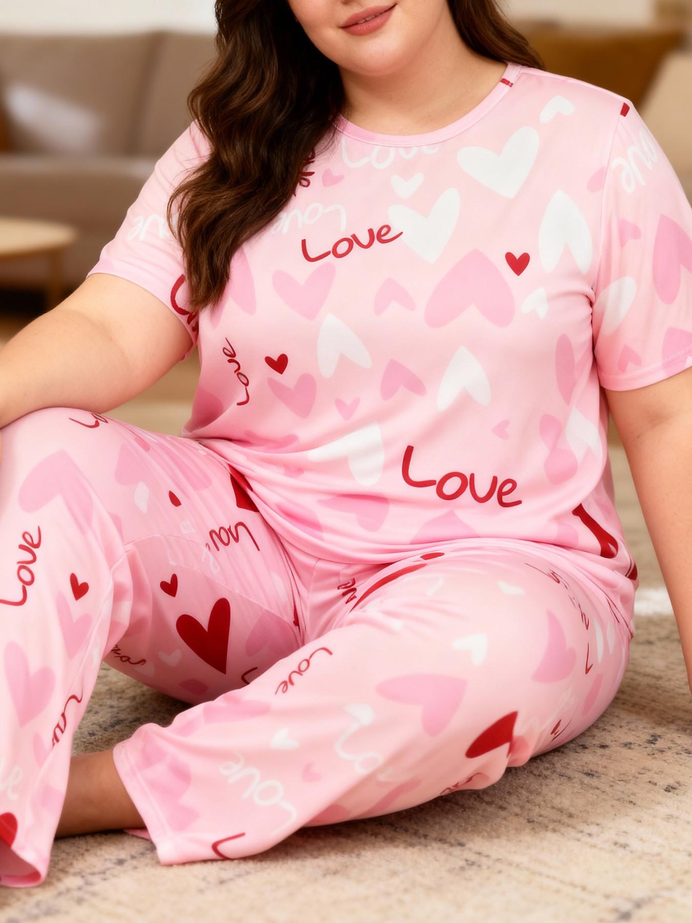 Women's Plus Size 2-Piece Pajama Set Loungewear, Loose-Fitting Short Sleeve Long Pants, All over Print, Casual Home Wear, All Seasons