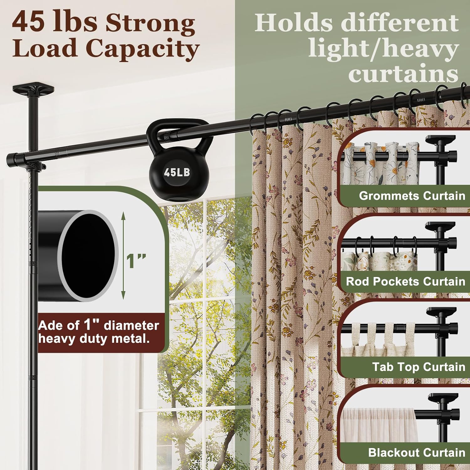 Room Divider for Room Separation, Tension Curtain Rods No Drilling, 4-10ft(H) 28-70inch(W) Adjustable Temporary  Wall Divider, Heavy Duty Freestanding Space Partition Separator, Black