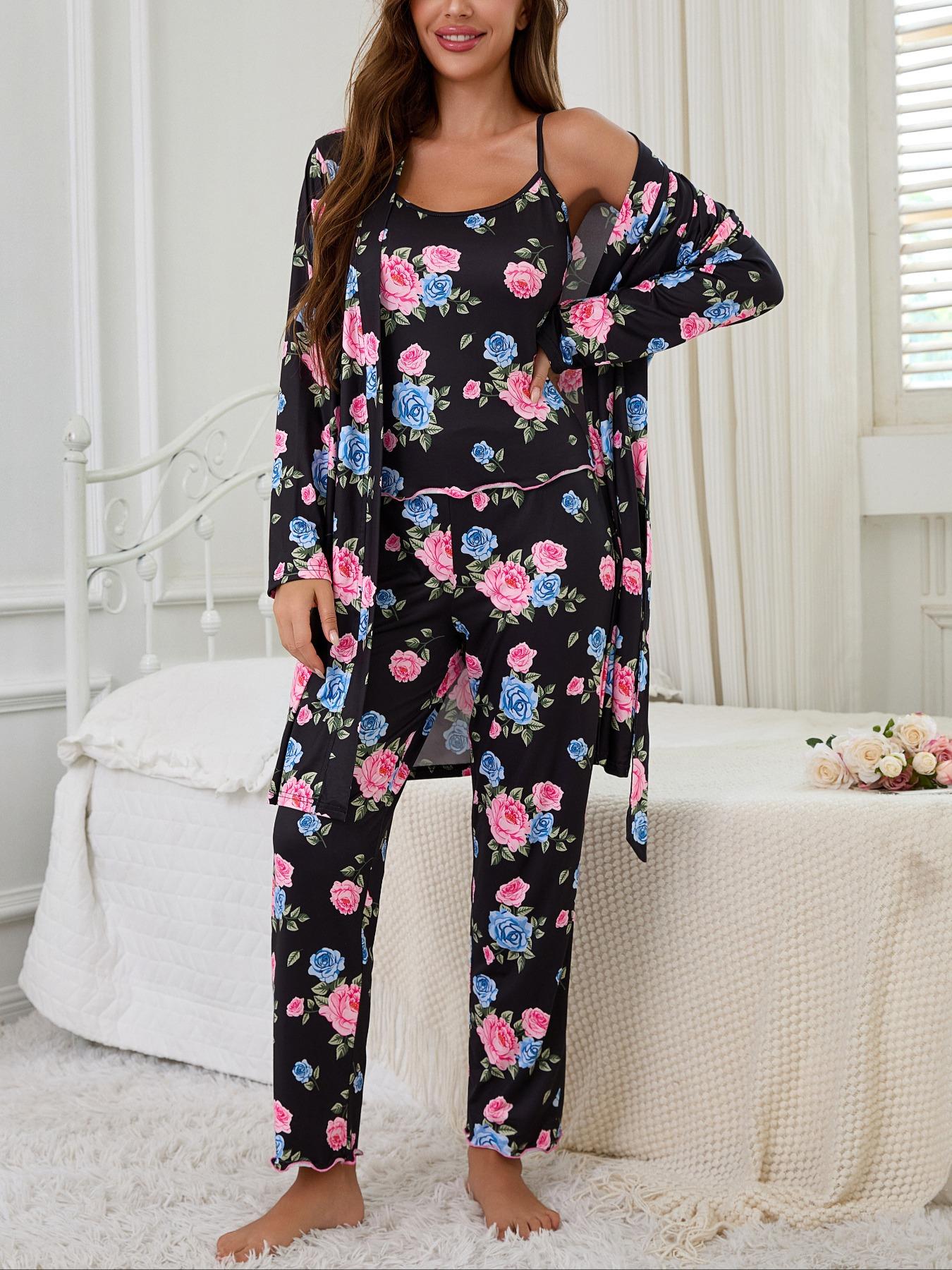 Floral Print Women's Robe Set + Strap Pants Three-Piece Comfortable Pajama Sleepwear Suit, Casual Home Wear for All Seasons