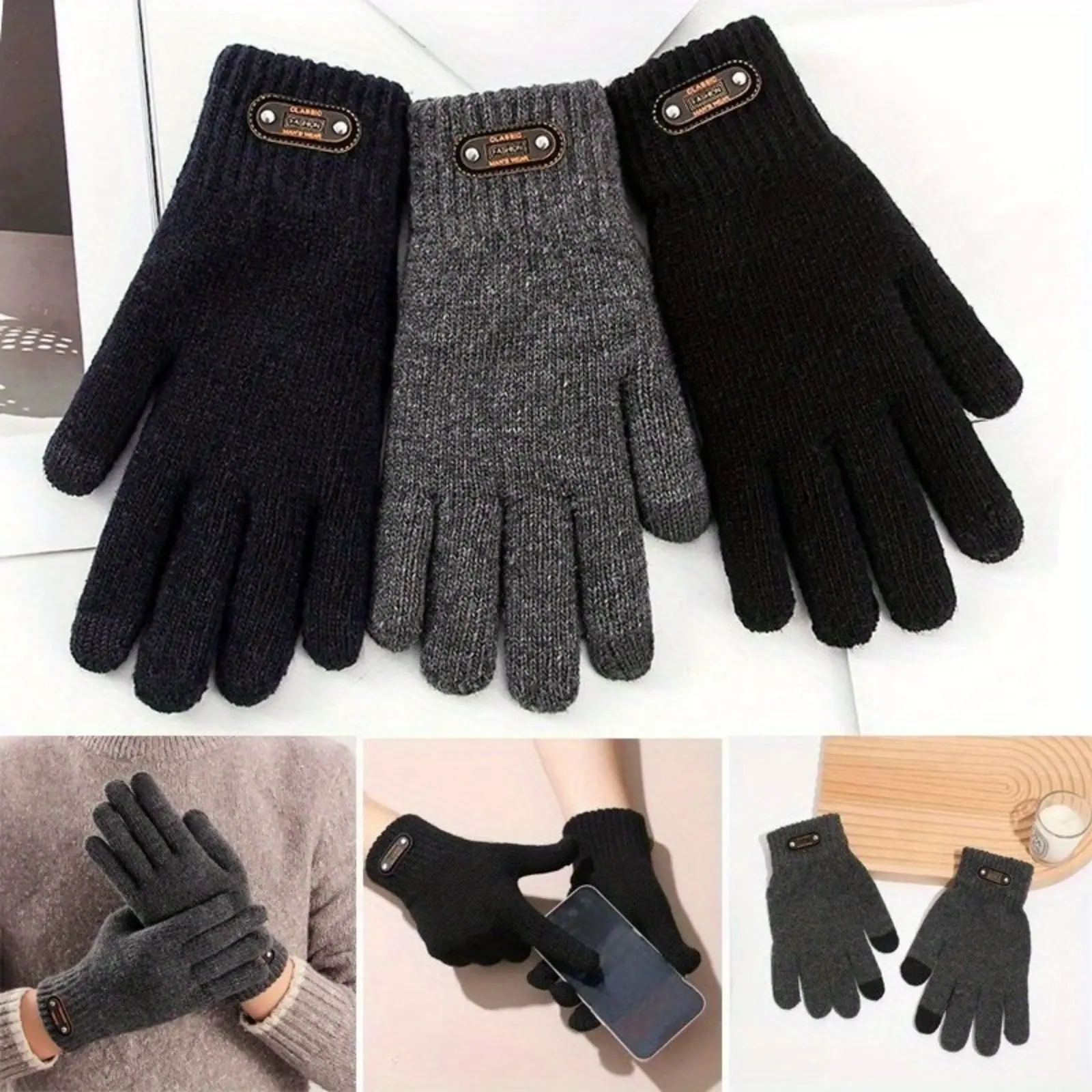 3-Pack Men Winter Knit Touchscreen Gloves Classic Versatile Warm Thermal Knit Mittens Windproof Outdoor Sports Cycling Driving Gift Pack Him Daily Commuting Heavy-Duty Handwear