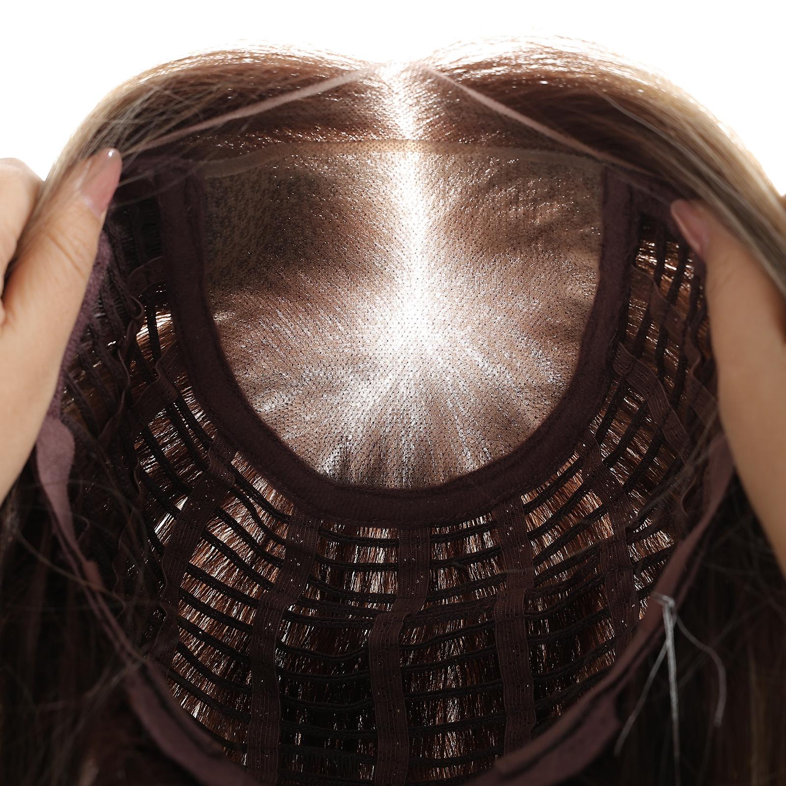 TOPSHE MONO 5.5*5 18 Inch Long Layered Wavy Ombre Brown Blonde Wig Synthetic Hair Heat Resistant Lace Front Wig for Women