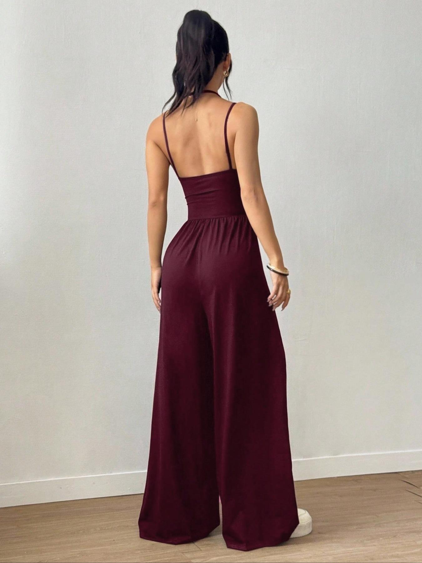 Women's Sexy Backless Jumpsuit, Spaghetti Strap Design, Smocked Bodice, Elegant One-Piece Romper, Ideal for Party Wear