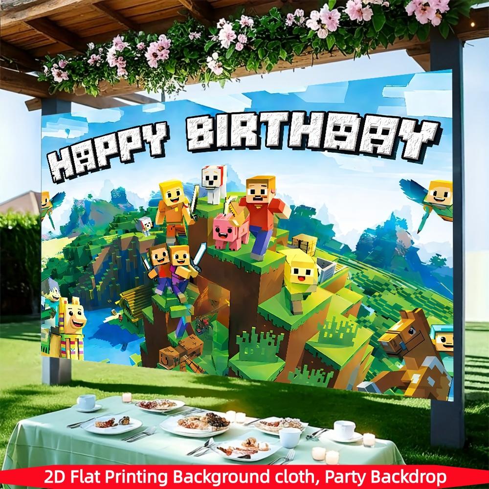Pixel game birthday party background banner, happy birthday decoration, polyester material, suitable for birthday party decoration, stage and room decoration, home decoration, holiday party supplies, photo booth background, indoor/outdoor decoration