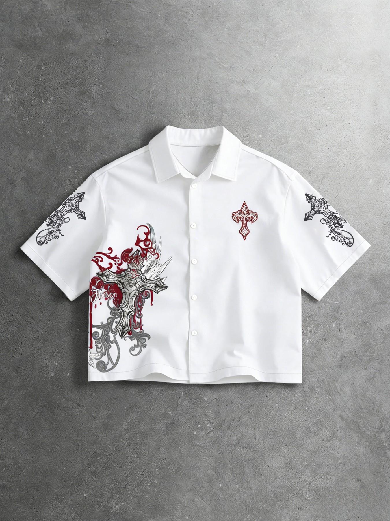 Men's Street Style Single-Breasted Short Sleeve Casual Shirt Y2K, All over Print, Fashionable Summer Wear, Comfortable Fit