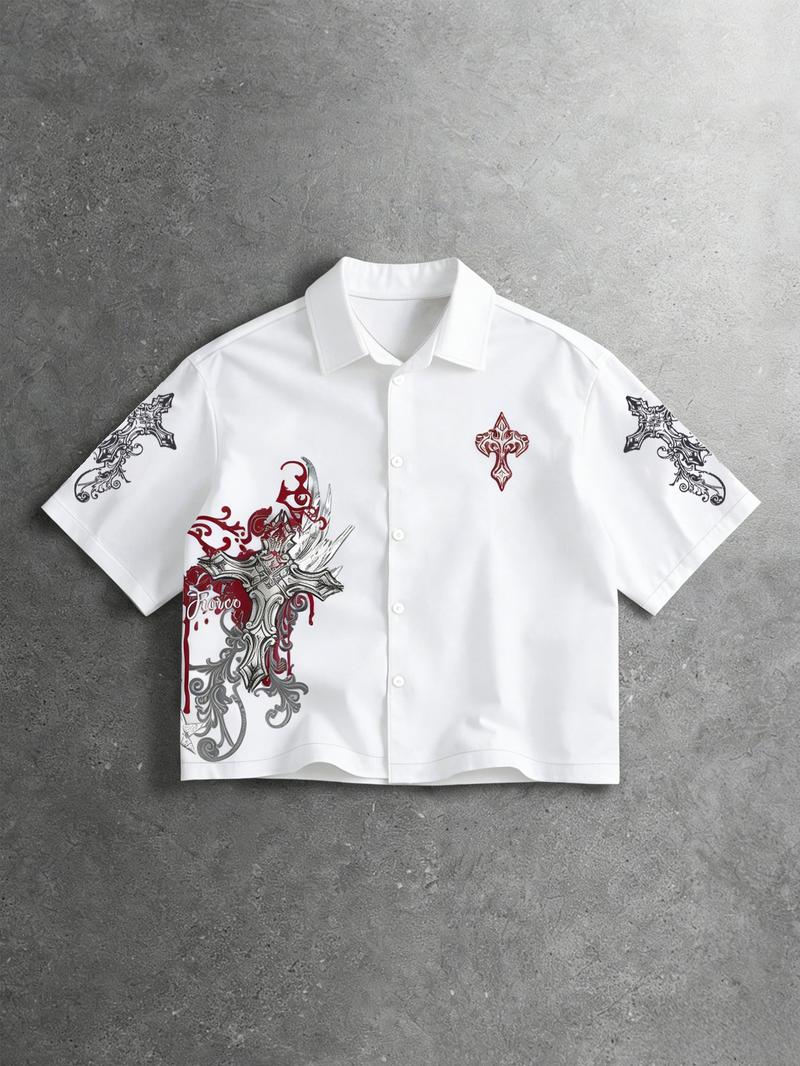 Men's Street Style Single-Breasted Short Sleeve Casual Shirt Y2K, All over Print, Fashionable Summer Wear, Comfortable Fit