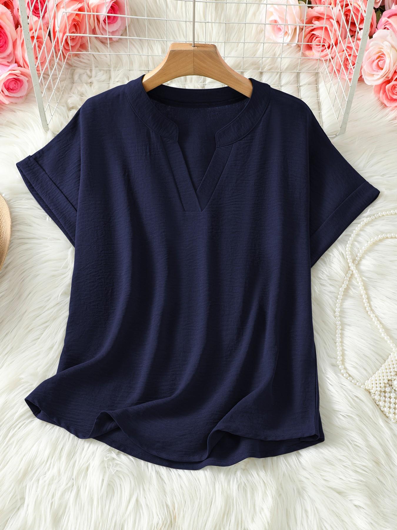 Women's Simple Vintage Solid V-Neck Short Sleeve Shirt Blouses, Casual Loose-Fitting Pullover, 100% Polyester, All Seasons Fashion Top