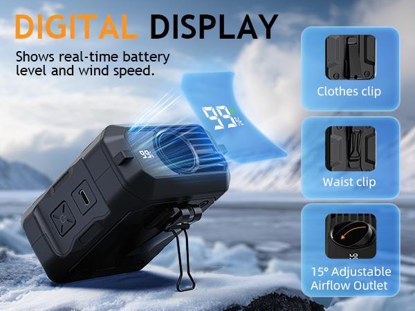 FrSara Waist Fan, 14500mAh PowerBank & 45H Runtime, Portable Rechargeable Fan, 10-Speed ​​Personal Fan w/Lanyard, Flash Light, LED Display, Clip on Wearable Belt for Jogging Hiking Jobsite Warehouse Outdoor Work Golf