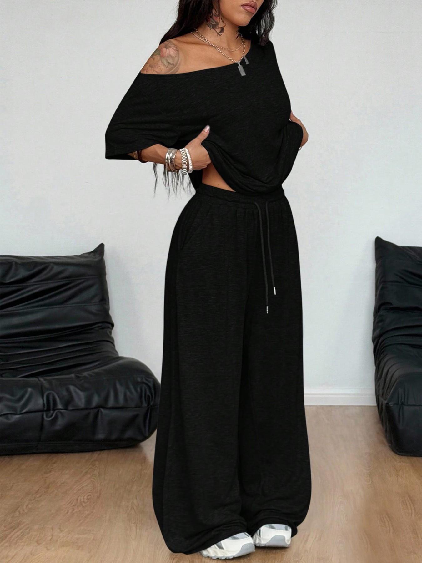 Women's Casual Solid Color Sport Two-Piece Set, Loose Long Pants & Wide Leg Slant Neck Pant Suit, Spring & Fall Fashion