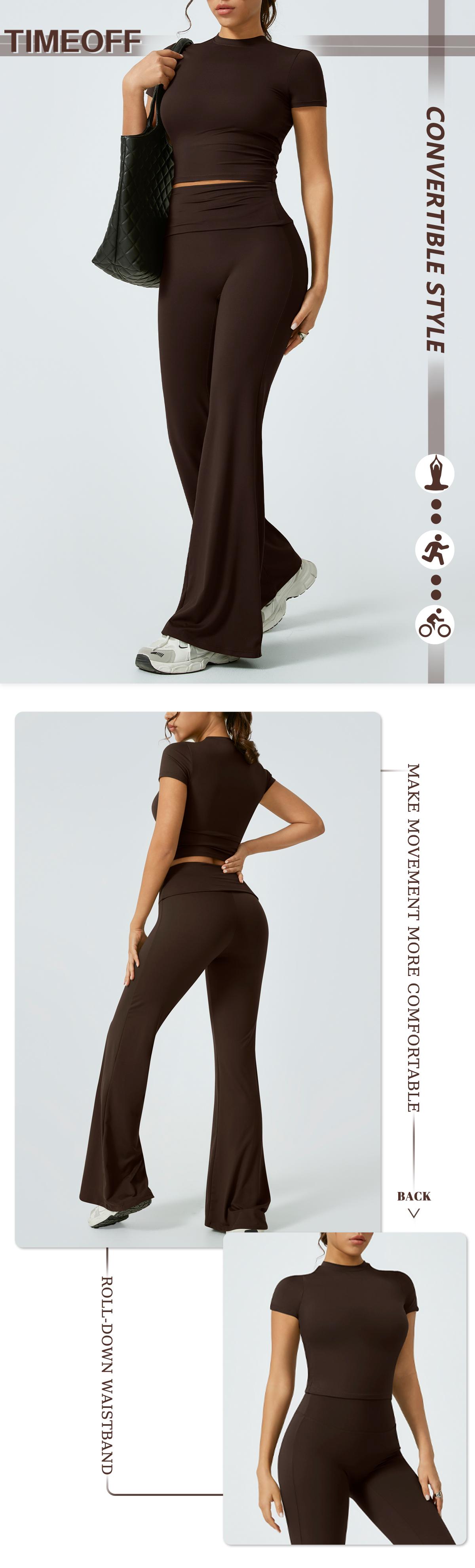 TimeOFF Women's 2-Piece Short-Sleeve Crop Top & High-Waist Flared Leggings Set, Waist Cinching & Body Shaping, Trims Leg Lines, Solves Figure-Enhancing & Flexible Fit Need for Yoga, Fitness Workouts & Active Lifestyle Scenarios,sweatsuits women