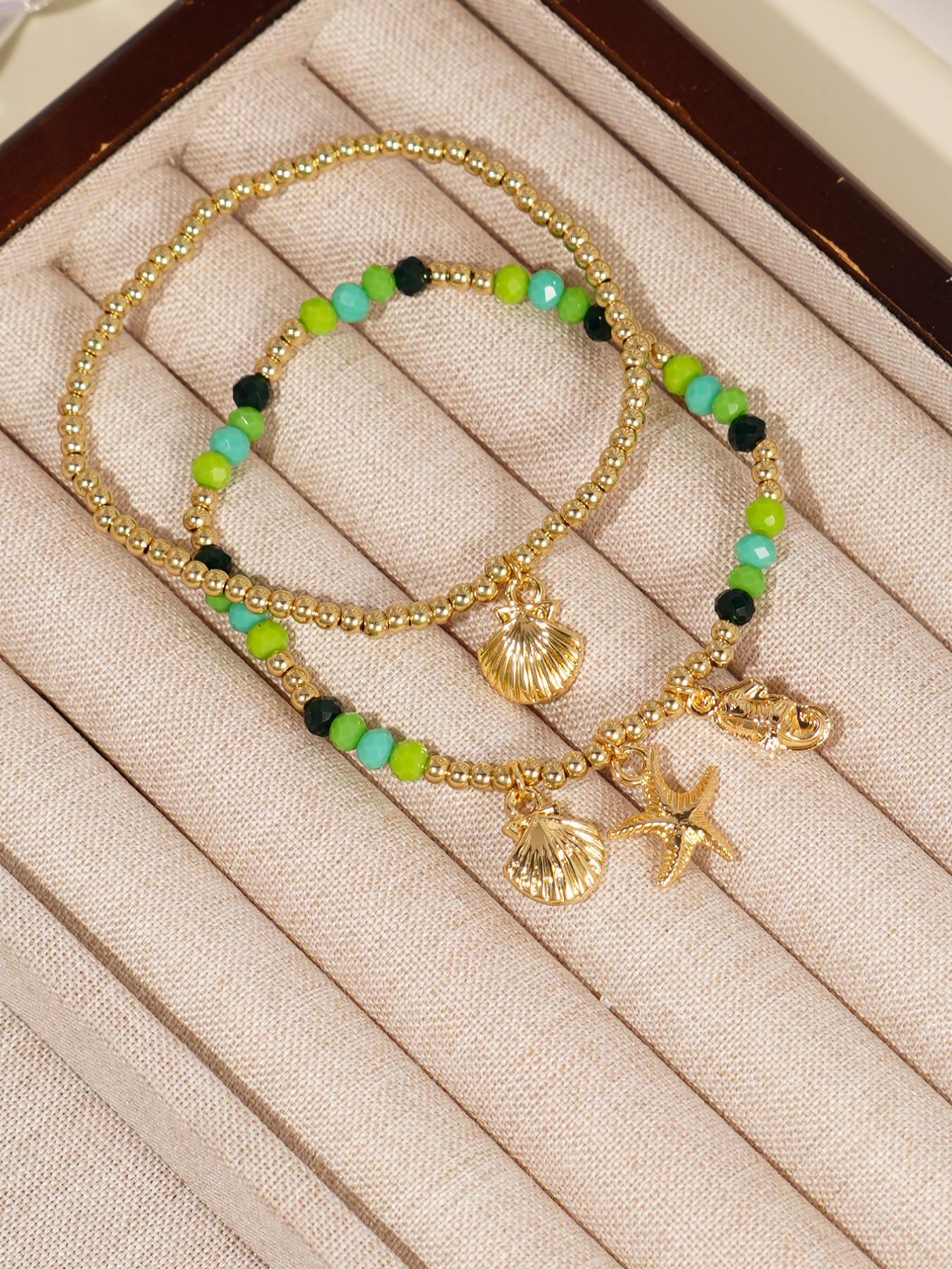 Women Boho Shell Starfish Bracelet Set, Beach Vacation Party Stackable Jewelry, Ccb Material, No Choking Hazard, Ca Prop 65 Compliant