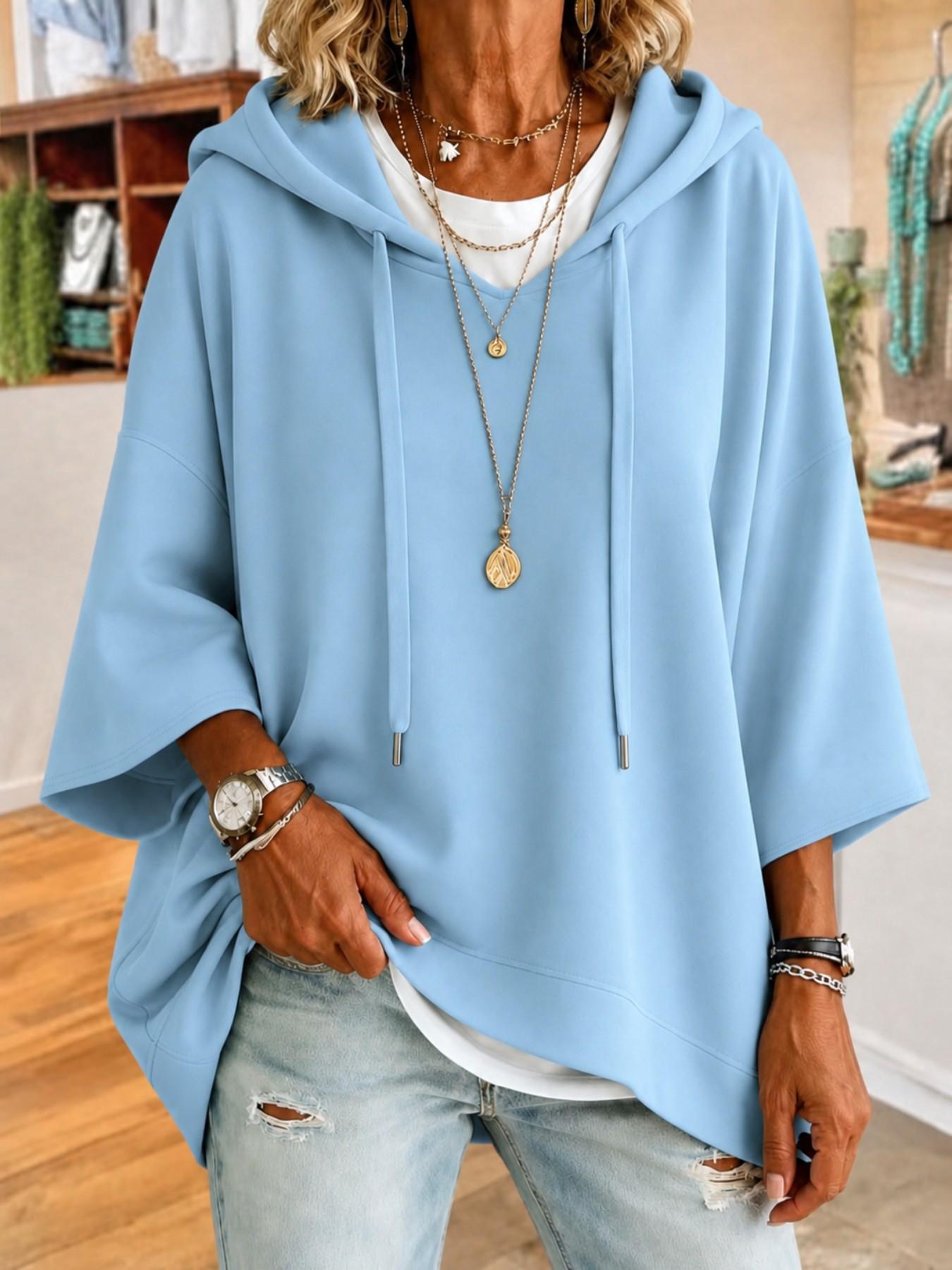 Plus Size Solid Color Oversized Hoodie Casual Loose Sweatshirt, Trendy Minimalist Tops, Stylish Drawstring Hood Detail Party Casual Wear（Excluding white interior）