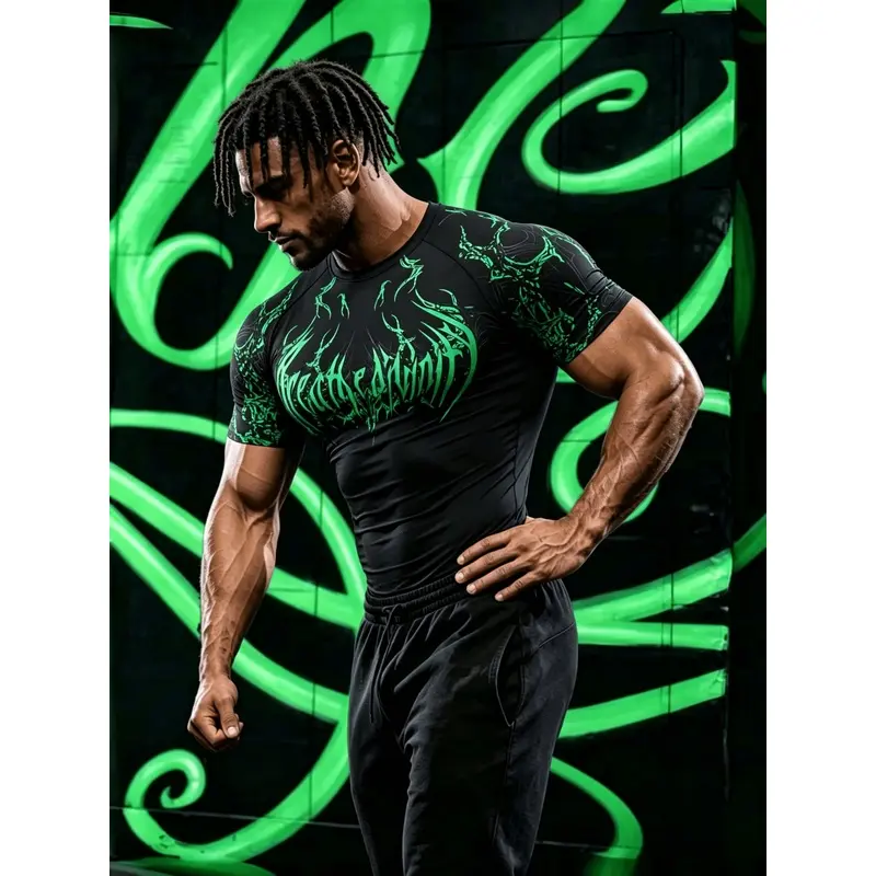 Men's Gothic Graphic Fitted T-Shirt, Quick-Dry Breathable Moisture-Wicking Athletic Tee for Running, Fitness & Sports, Slim Shape Men's Moisture Wicking T-Shirt, Gym Clothes Men, Gym Tee, Fitness Apparel, Breathable Quick-Dry Activewear, Intense Training.