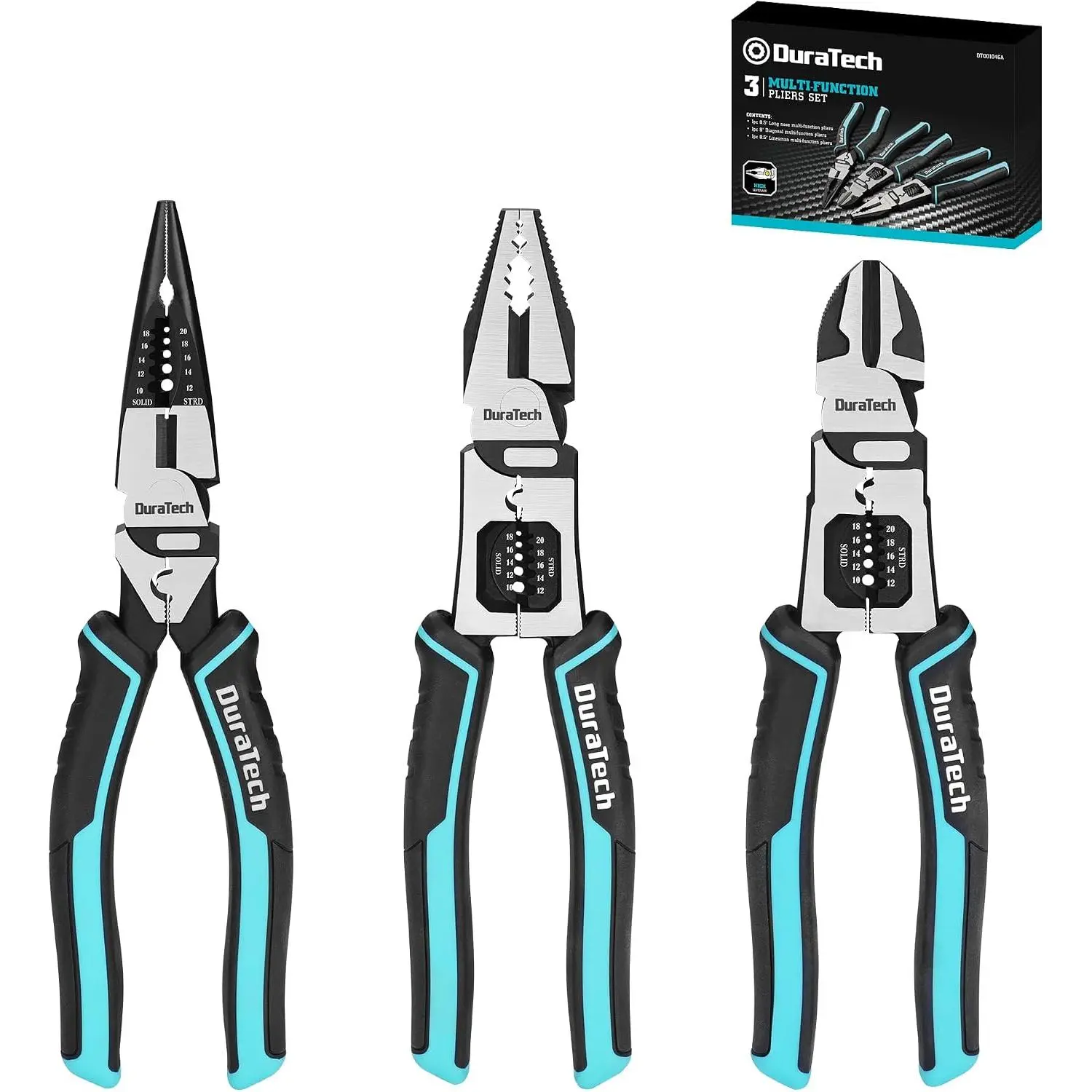 3PCS Pliers Set, Large 6 in 1 Multifunctional Wire Stripper Crimper, 8.5" Long Nose Pliers, 8.5" Linesman Pliers, 8" Diagonal Side Cutting