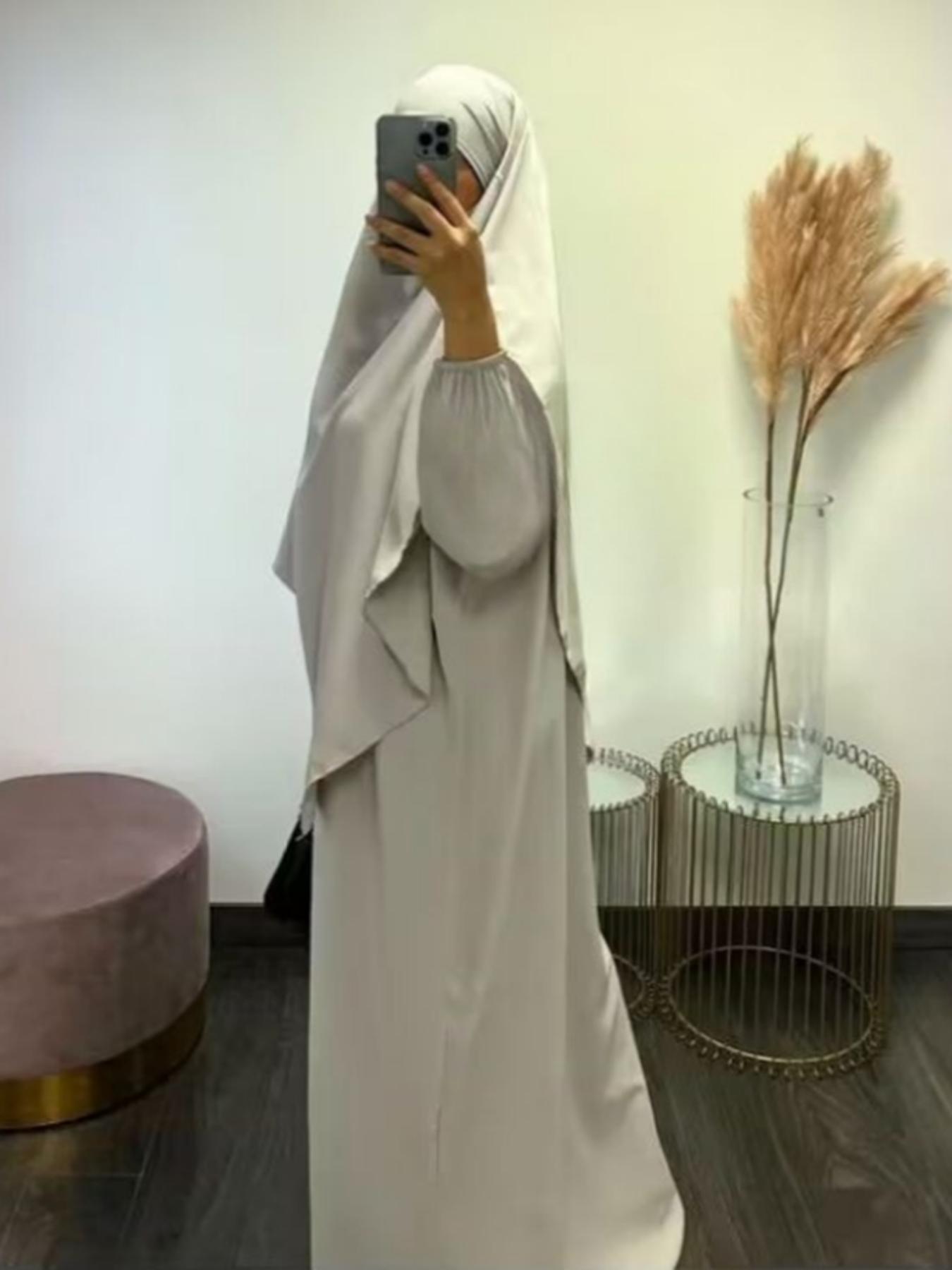 Women's Solid Long Sleeve Abaya & Hijab Set, Modest Fashionable Two-piece Outfits for Women, Women's Islamic Clothing for Daily Wear