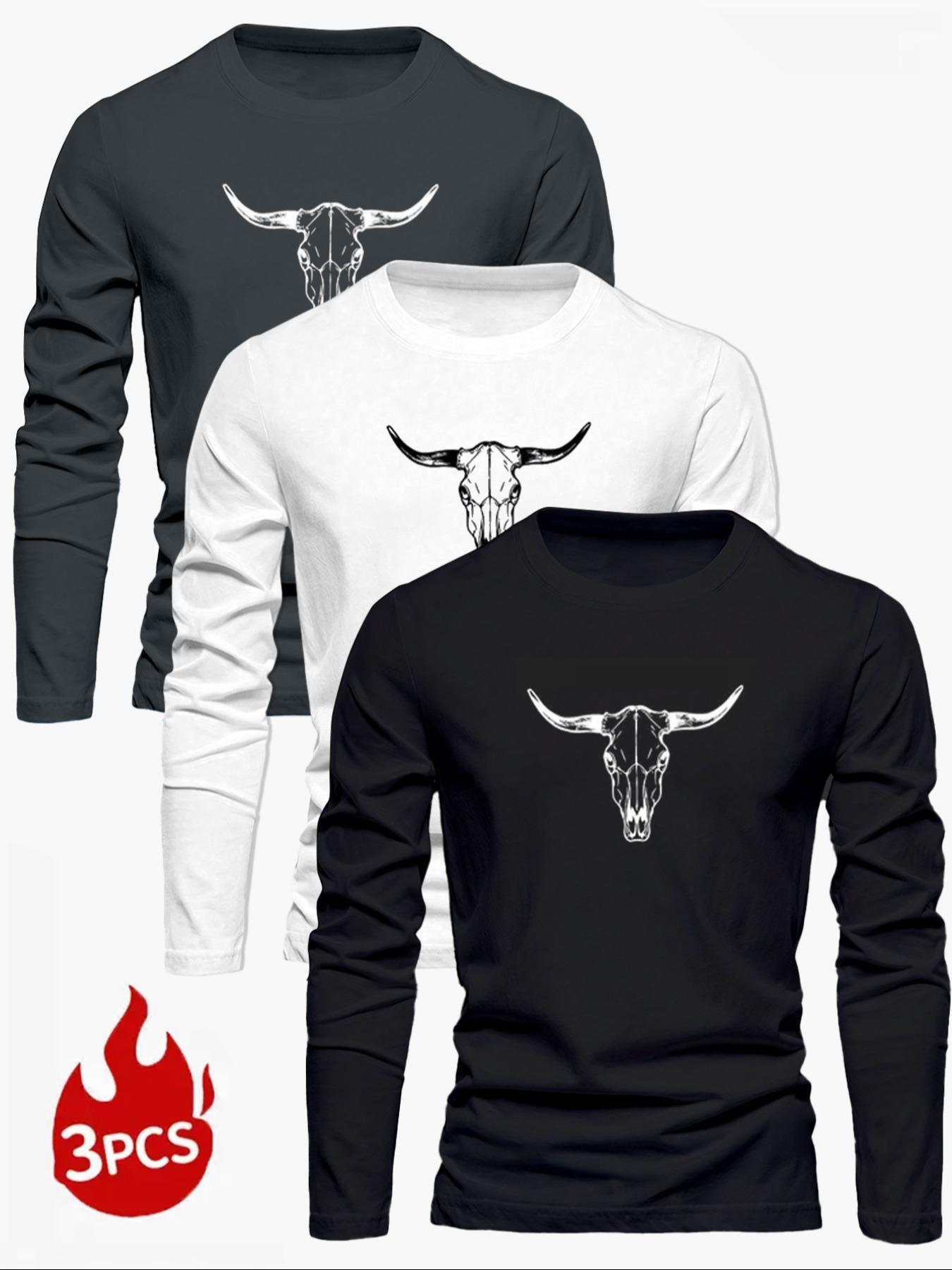 Men's 3-Piece Knit Bull Print Round Neck Long Sleeve T-Shirt Set, Graphic, Fitted Casual Fashion, Soft Handfeel, Comfortable Streetwear